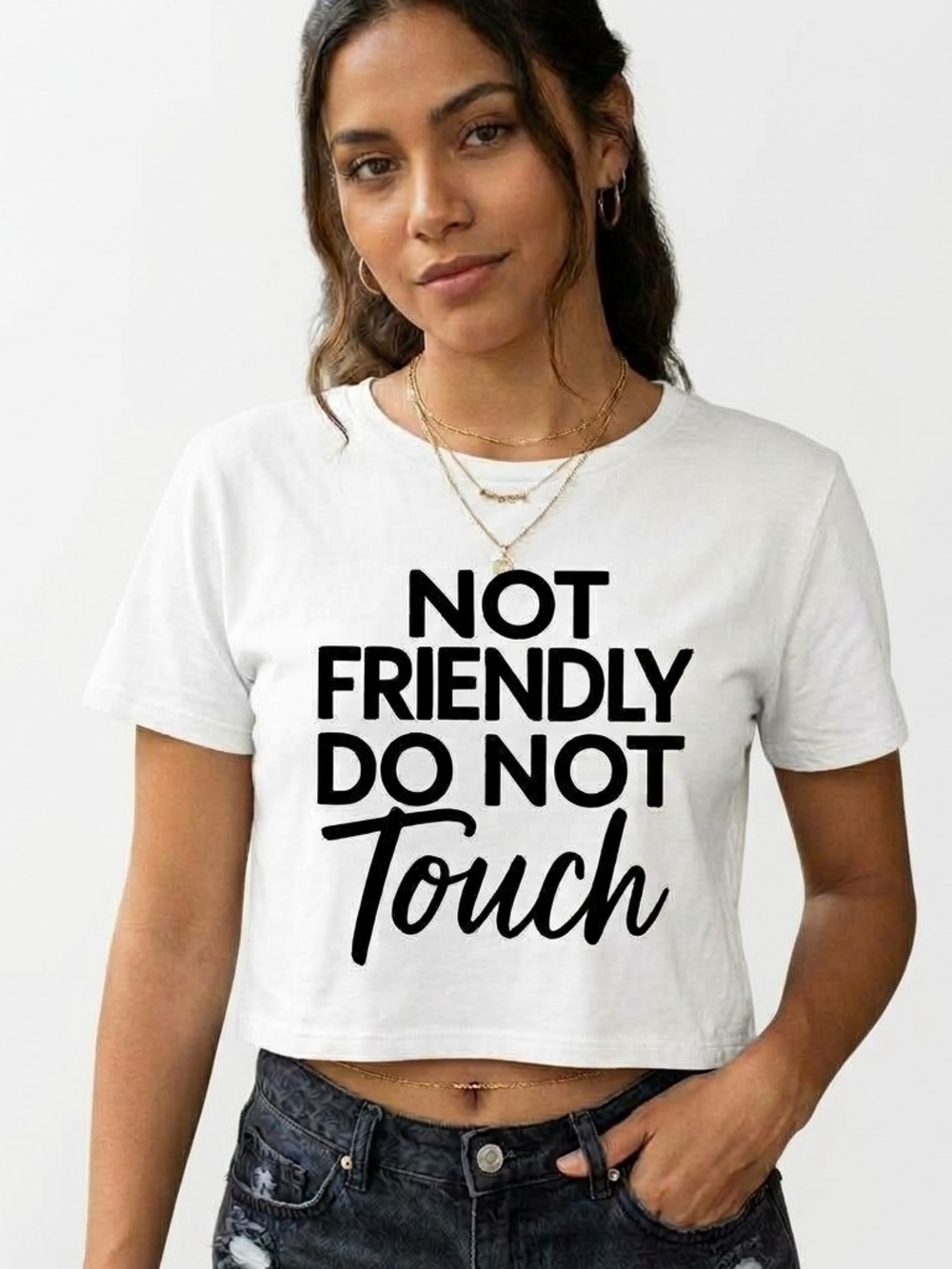 Crop Tee - White "Not Friendly Do Not Touch" Statement Top Graphic Shirt NWOT